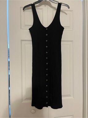 American Eagle Outfitters Black Ribbed Button-Front Midi Dress